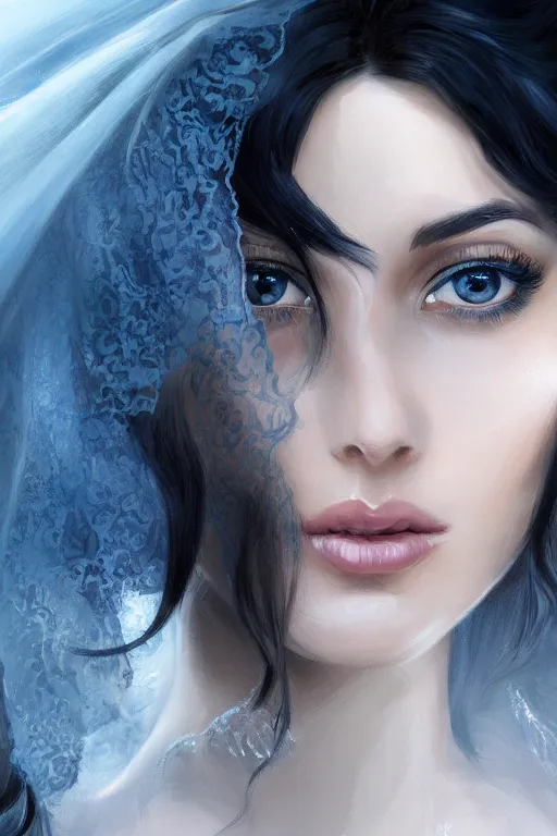 Image similar to Ameera al-Taweel, blue eyes, long wavy black hair, fierce look, white veil, closeup, focus face, elegant, highly detailed, centered, digital painting, artstation, concept art, art by WLOP