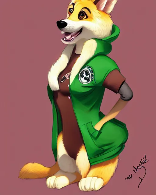 Image similar to digital painting full body of anthropomorphic furry female german shepherd dog, in style of zootopia, female fursona, furry, furaffinity, 4 k, deviantart, furry art, fursona art, wearing a green shirt, dog fursona, female, cute detailed feminine face,