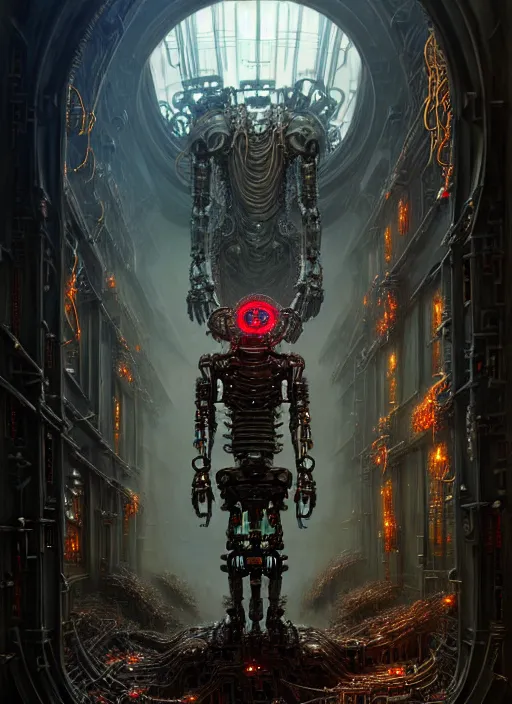 Image similar to A photorealistic 3d render of a robot monster cyborg made of circuits wide view shot by ellen jewett , tomasz alen kopera and Justin Gerard symmetrical features, ominous, magical realism, texture, intricate, ornate, royally decorated, android format, windows, many doors, roofs, complete house , whirling smoke, embers, red adornments, red torn fabric, radiant colors, fantasy, trending on artstation, volumetric lighting, micro details, 3d sculpture, ray tracing, 8k