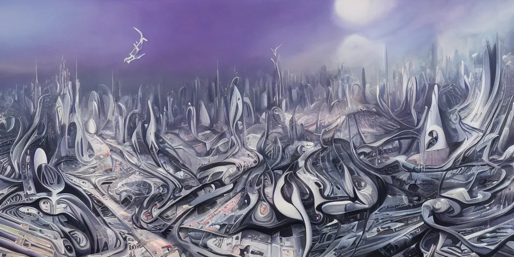 Image similar to a beautiful painting of city landscape, zaha hadid, fantasy, futuristic, by yves tanguy, trending on artstation