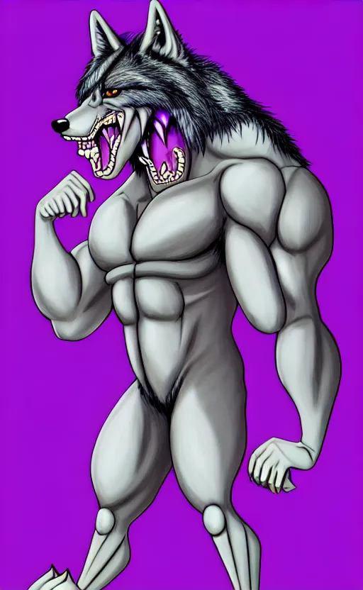 Image similar to painting of an anthropomorphic bulky muscular purple wolf, furry style, wearing jeans, deviant art, fursona, professional furry drawing, insanely detailed, bulky wolf - like face with dragon features, doing a pose from jojo's bizarre adventure, detailed veiny muscles, exaggerated features, beautiful shading, huge teeth, grinning, colorful background