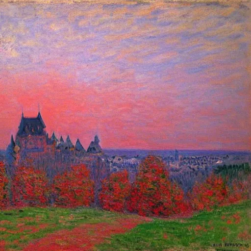 Prompt: quebec city!!! by claude monet! red sky!! misty!! fog! realistic! mysterious!!-H 800 - W 1080