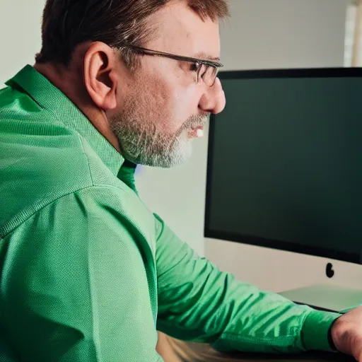 Image similar to caucasian man with green shirt sitting in front of computer with camera! mounted on top