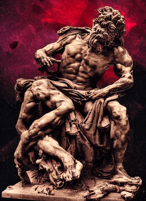 Image similar to black background with very subtle red and purple design elements, statue of laocoon and his sons, powerful, nekro, graphic design, collage art, thin lines, dark, glitch art, neo vaporwave, gritty, layout frame, square, trending on artstation