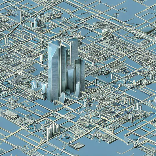 Image similar to blueprint of a city on a map axonometric exploded view, high detail, 8k, photorealistic