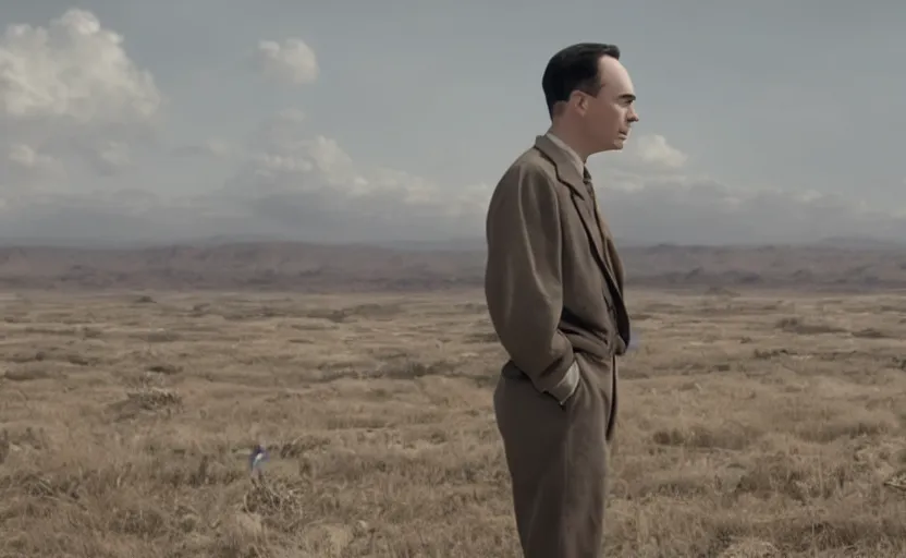 Prompt: Jim Parsons as J. Robert Oppenheimer in 'Oppenheimer' (2018), movie still frame, oscar nominated cinematography, volumetric lighting, 8k resolution, beautiful composition