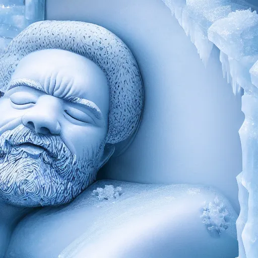 Image similar to long shot of an ice statue of a dwarf peacefully sleeping on his bed, stunning digital art high detail 4k octane