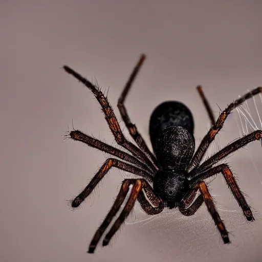 Prompt: A necrobiotic spider, on its web made of titanium thread, poised to pounce, 8K 35mm macro photography