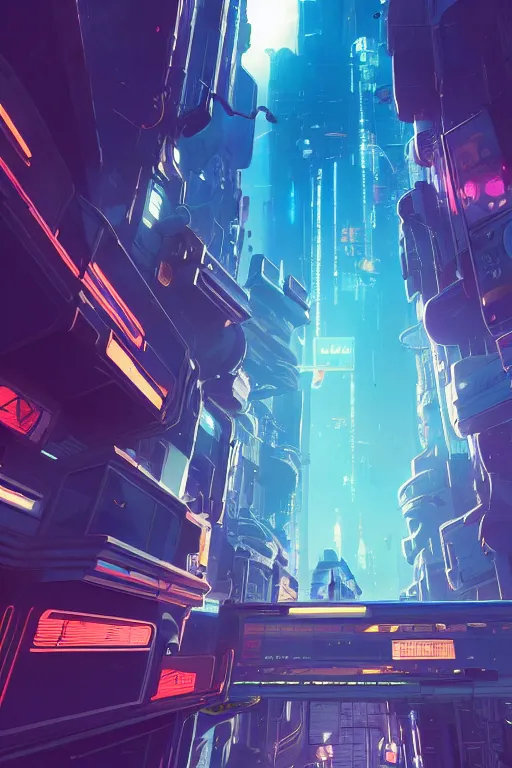 Image similar to A picture of an astronaut close to the camera in a upside down cyberpunk flying city by moebius, Neil Blevins and Jordan Grimmer, neon lights, surreal, volumetric:-3 lighting