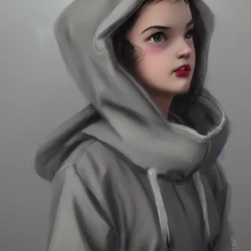 Image similar to a highly detailed epic cinematic concept art CG render digital painting artwork costume design: a 1950s girl in a 1950s grey hoodie. By Greg Rutkowski, Ilya Kuvshinov, WLOP, Stanley Artgerm Lau, Ruan Jia and Fenghua Zhong, trending on ArtStation, made in Maya, Blender and Photoshop, octane render, excellent composition, cinematic atmosphere, dynamic dramatic cinematic lighting, aesthetic, very inspirational, arthouse