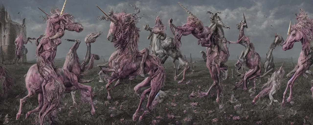 Image similar to a stunning detailed mate painting of unicorns dancing on a graveyard'by wayne barlowe, existential horror, trending on cgsociety artstation, highly detailed, 8 k, masterpiece, super resolution.