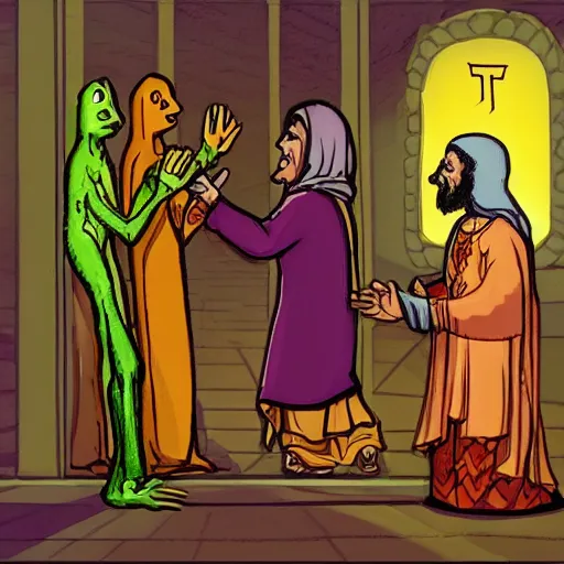 Image similar to A lizard person shaking hands with a religious icon, concept art