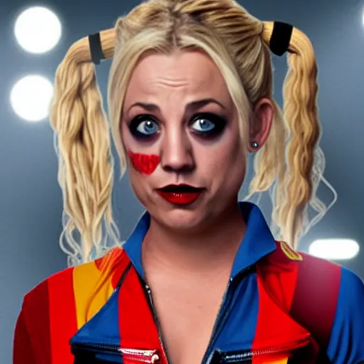 Image similar to A still of Kaley Cuoco as Harley Quinn