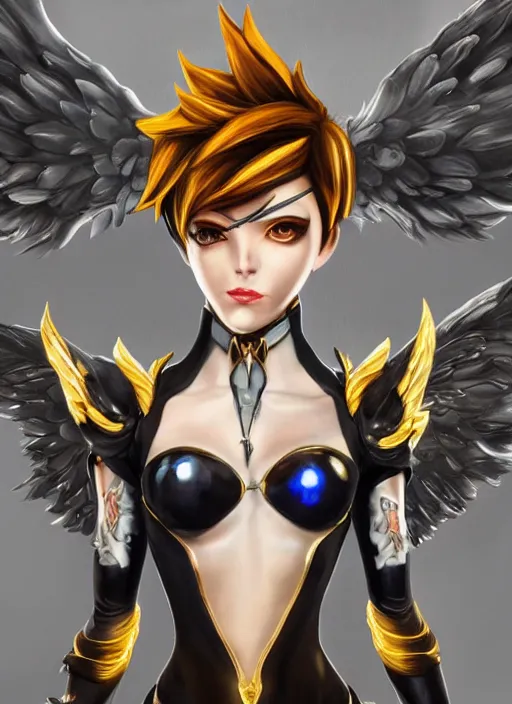 Prompt: full body oil painting of tracer overwatch, angel wings, dramatic painting, symmetrical composition, wearing gold detailed choker, golden cuffs, black shiny armor, detailed face and eyes,