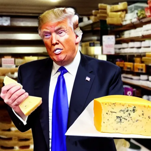 Image similar to Donald Trump stealing cheese from a cheese specialty store