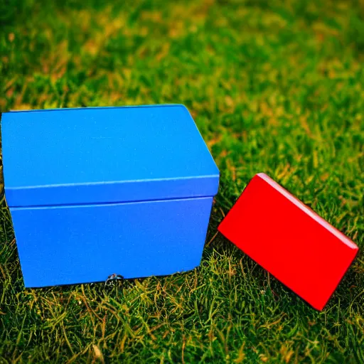 Image similar to a red box and a blue ball and a green pyramid