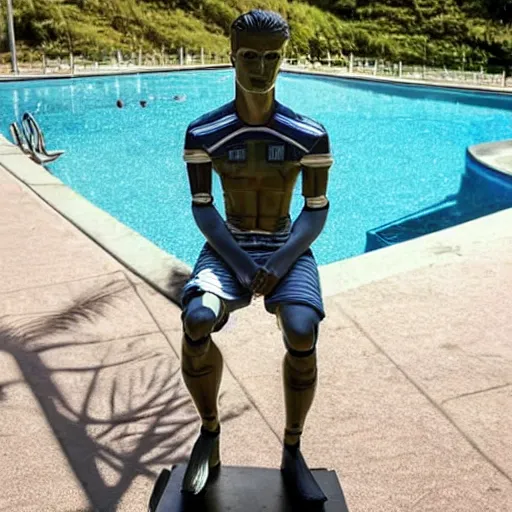 Prompt: a realistic detailed photo of a guy who is an attractive humanoid who is half robot and half humanoid, who is a male android, soccer player timo werner, shiny skin, posing like a statue, blank stare, by the pool, on display