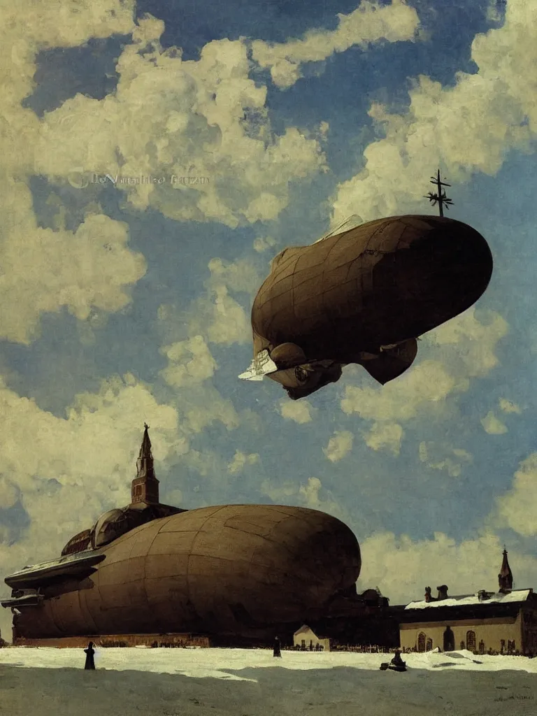 Image similar to a large dieselpunk airship standing over a white church in russia in 1 9 1 0, by winslow homer and levitan, oil on canvas painting