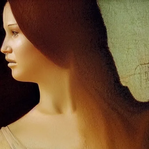 Image similar to A striking hyper real painting of Jennifer Lawrence by da Vinci.