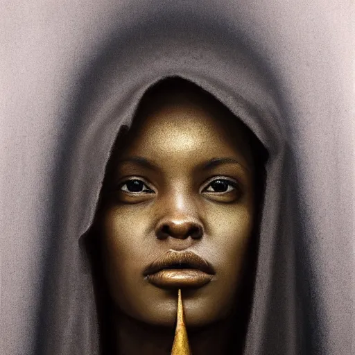 Image similar to a portrait of a young black woman wearing a long dark cloak, hood and shadows covering face, anatomically correct, beautiful perfect face, enigmatic, oil painting, matte painting, black background, Volumetric Golden dappled dynamic lighting, Highly Detailed, Cinematic Lighting, Unreal Engine, 8k, HD, by Beksinski