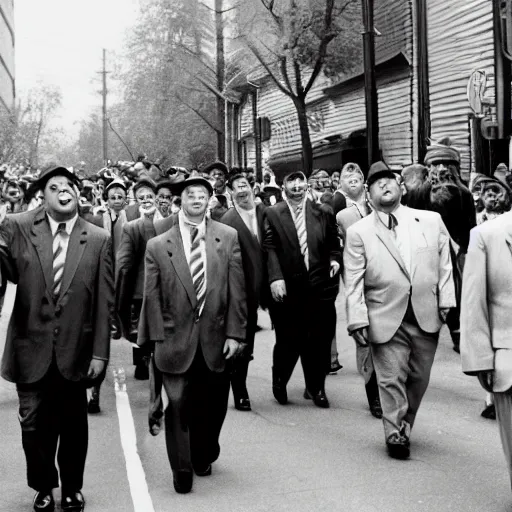 Prompt: A large group of chubby men in suits and neckties parading through the street holding canes, overcast day, 1990s.
