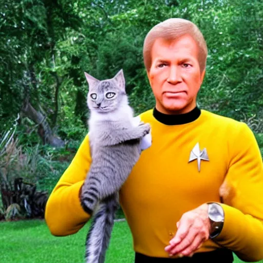 Prompt: captain kirk stroking a cat, while plotting the eradication of his enemies. photo. hyper-real
