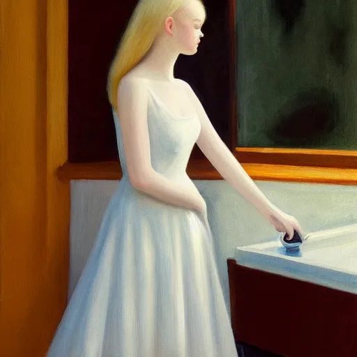 Image similar to Painting of Elle Fanning holding a torch in the rain, long blonde hair, delicate, pale milky white porcelain skin, by Edward Hopper. 8K. Extremely detailed.