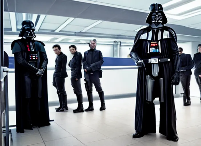 Image similar to film still of Darth Vader waiting in line at the bank in the new Star Wars movie, 4k