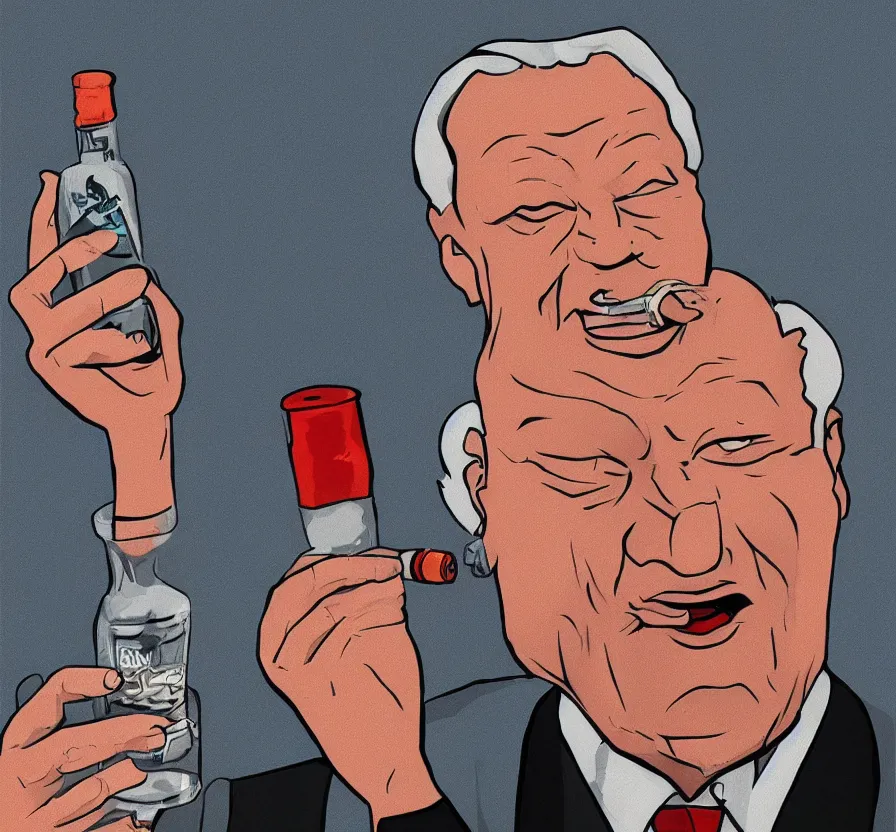 Prompt: yeltsin on the icon in infernal style, yeltsin smokes and holds a bottle of vodka in his hands, scary art in color, art in 4 k