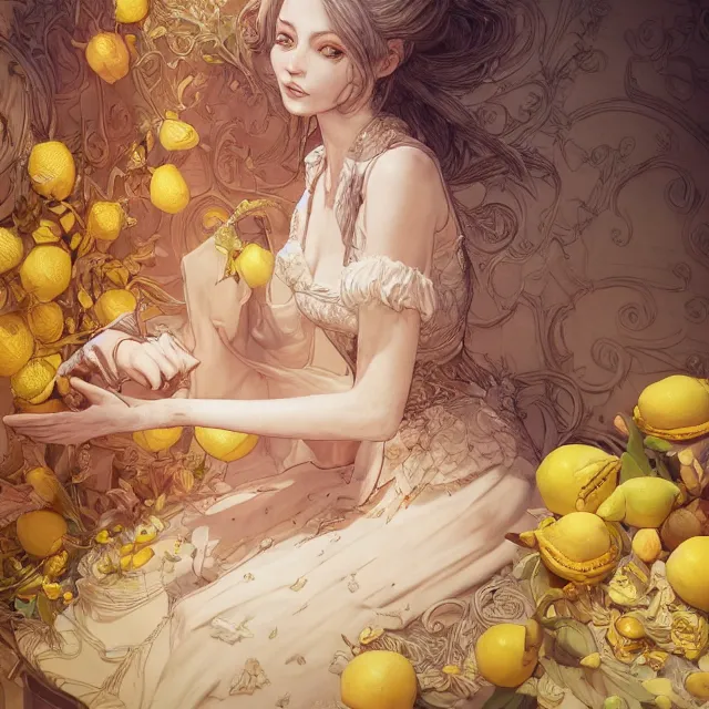 Image similar to the portrait of one sensual lemon personified as an absurdly beautiful, graceful, elegant, sophisticated, young woman made, an ultrafine hyperdetailed illustration by kim jung gi, irakli nadar, intricate linework, bright colors, octopath traveler, final fantasy, unreal engine 5 highly rendered, global illumination, radiant light, detailed and intricate environment