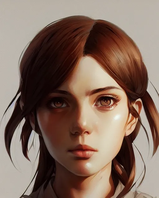Prompt: potrait bust of young woman archer length light brown hair and hazel eyes, beautiful, symmetrical, anime, ilya kuvshinov, greg rutkowski, guweiz, ross tran, loish, svetlana tigai, artgerm, artstation trending, concept art, digital painting