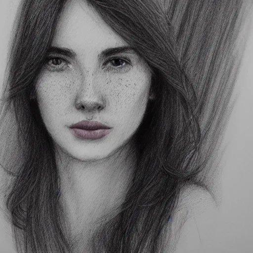 Prompt: beautiful young woman face with light freckles artist sketch closeup photograph