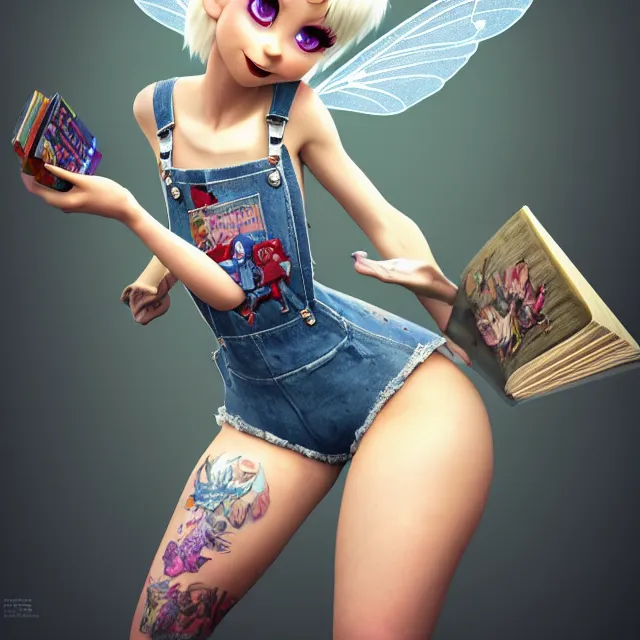 Image similar to full body pose, beautiful adult fairy, pixar, short white hair shaved sides, dirty, grungy, grunge, long sleeve, painted overalls, stacks of giant books, highly detailed, 4 k, hdr, smooth, sharp focus, high resolution, award - winning photo, artgerm, photorealistic