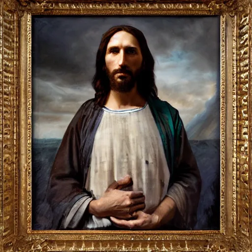 Prompt: photograph imax and solomon joseph solomon and richard schmid and jeremy lipking victorian loose genre loose painting full length portrait painting of jesus