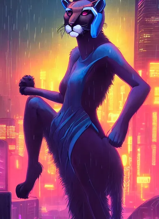 Prompt: beautiful portrait commission of a female furry anthro mountain lion wearing a dress. Cyberpunk city at night in the rain. Neon light. Atmospheric. Character design by charlie bowater, ross tran, artgerm, and makoto shinkai, detailed, inked, western comic book art