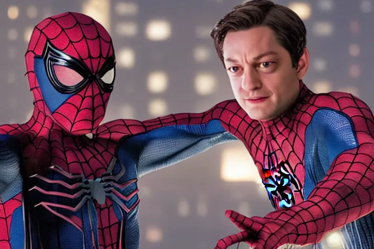 Image similar to sam raimi spider-man, played by tobey maguire, ultra realistic, 4K, movie still, UHD, sharp, marvel, cinematic