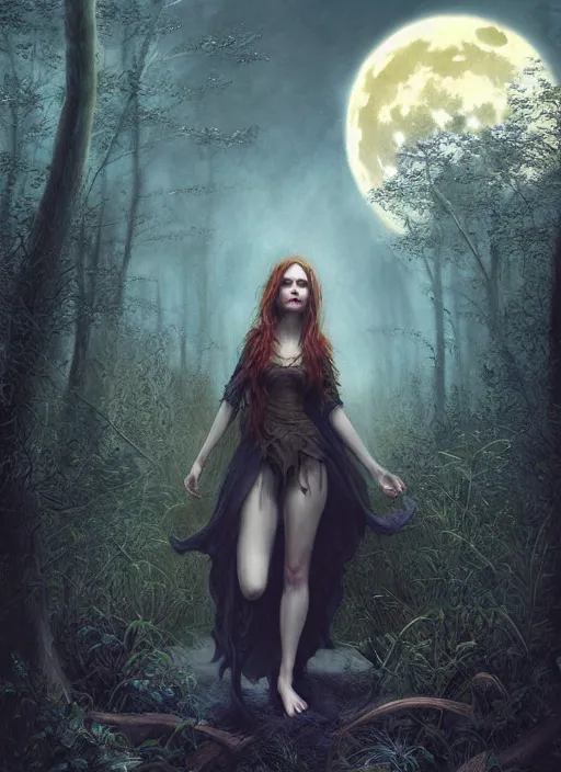 Prompt: a dark witch in front of the full big moon, fantasy forest, by james gurney, brad kunkle, charlie bowater, highly detailed digital art, artstation