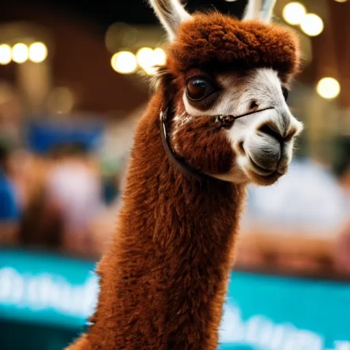 Image similar to llama enjoying beer at oktoberfest , cinematic lighting