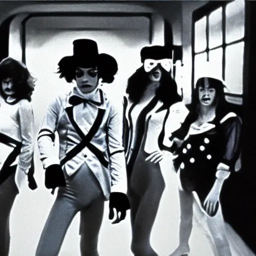 Image similar to A film still from a A Clockwork Orange 1971 Stanley Kubrick movie about league of legends cosplayers. Realism. 4k. 8mm. Grainy. Panavision