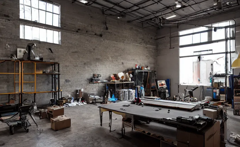 Prompt: an old warehouse that is turned into a workshop with a staple of vintage televisions