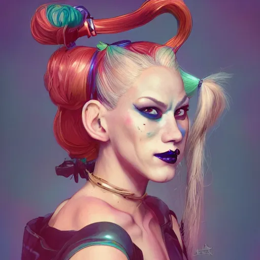 Image similar to Harley Quinn but she's a beautiful ape with long pony tails on either side of her head, mucha, mayhem, illustration, by James Jean, artgerm, octane render, by John Coltrane and Marc Simonetti, Manic, inspired by Greg rutkowski, colorful, studio lighting, blender,