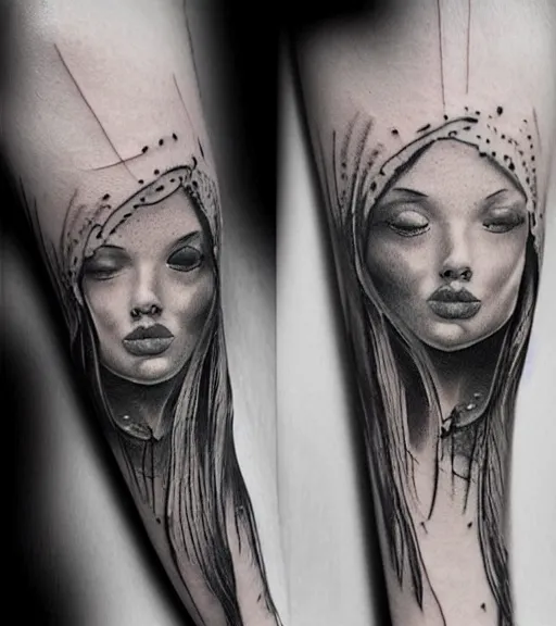 Image similar to a beautiful tattoo design, in the style of den yakovlev, hyper realistic, black and white, realism, highly detailed