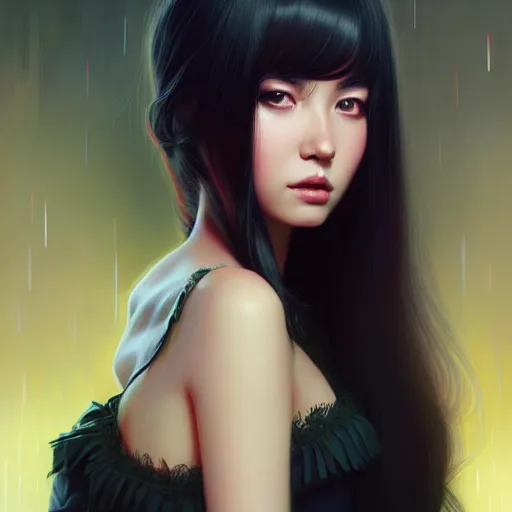 Prompt: a beautiful girl with long black hair, royal garden background, sharp focus, intricate, digital painting, artstation, highly detailed, ambient lighting, portrait by Rossdraws, artgerm, Ilya Kuvshinov, and Greg Rutkowski