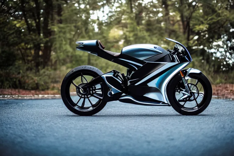 Image similar to A professional garage photograph of a futuristic super bike made of a slick metallic substance.