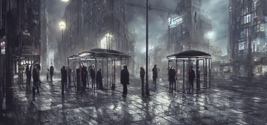 Image similar to some people waiting in a lone bus stop in qiet dark city, hyper detailed, dramatic lighting, cgsociety, realistic, hyper detailed, insane details, intricate, dramatic lighting, hypermaximalist, golden ratio, rule of thirds, octane render, weta digital, micro details, ultra wide angle, artstation trending, 8 k,