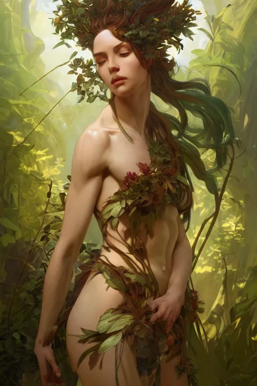 Image similar to goddess of nature, accurate anatomy, only two hands, highly detailed, digital painting, artstation, concept art, smooth, sharp focus, illustration, Unreal Engine 5, 8K, art by ross tran and greg rutkowski and alphonse mucha and pro fitness photograph