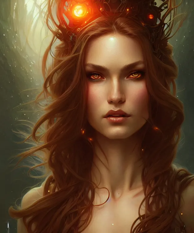 Image similar to fantasy magic woman portrait, sci-fi, amber eyes, face, long hair, fantasy, intricate, elegant, highly detailed, digital painting, artstation, concept art, smooth, sharp focus, illustration, art by artgerm and greg rutkowski and alphonse mucha