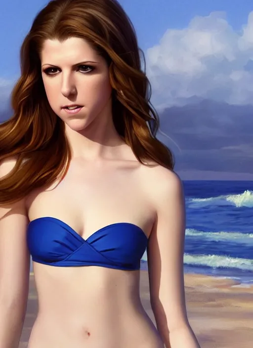 Image similar to full length photo of Anna Kendrick with open mouth in a bikini in the style of stefan kostic, full extremely slim body, not realistic, sharp focus, 8k high definition, insanely detailed, intricate, elegant, art by stanley lau and artgerm and Fernanda Suarez