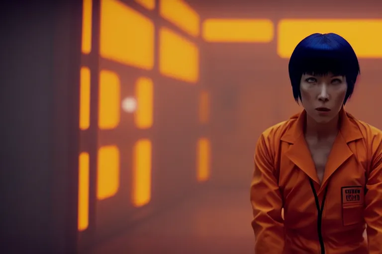 Prompt: major motoko wearing an orange prison jumpsuit facing camera, photography by fred palacio medium full shot still from bladerunner 2 0 4 9, sci fi, bladerunner, canon eos r 3, f / 3, iso 2 0 0, 1 / 1 6 0 s, 8 k, raw, unedited