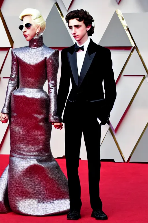 Image similar to timothee chalamet and lady gaga holding hands on the red carpet, beautiful detailed faces, canon eos